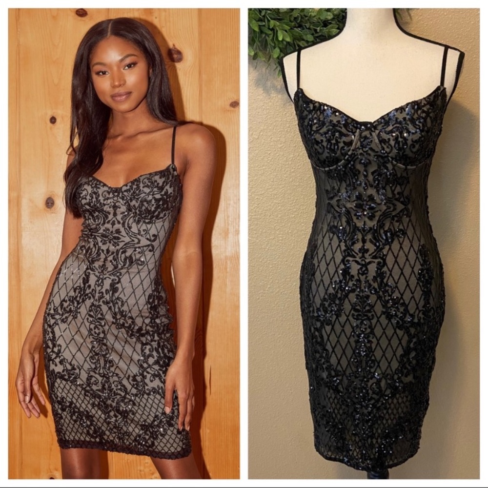Lulus Bring the Wow Black Sequin Bustier Bodycon Mini Dress